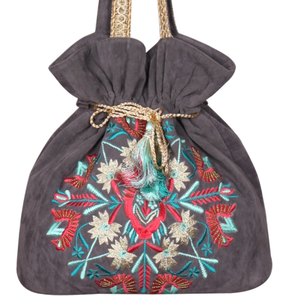 Gray Embroidered Drawstring Hobo Bag-Boutique-NWT